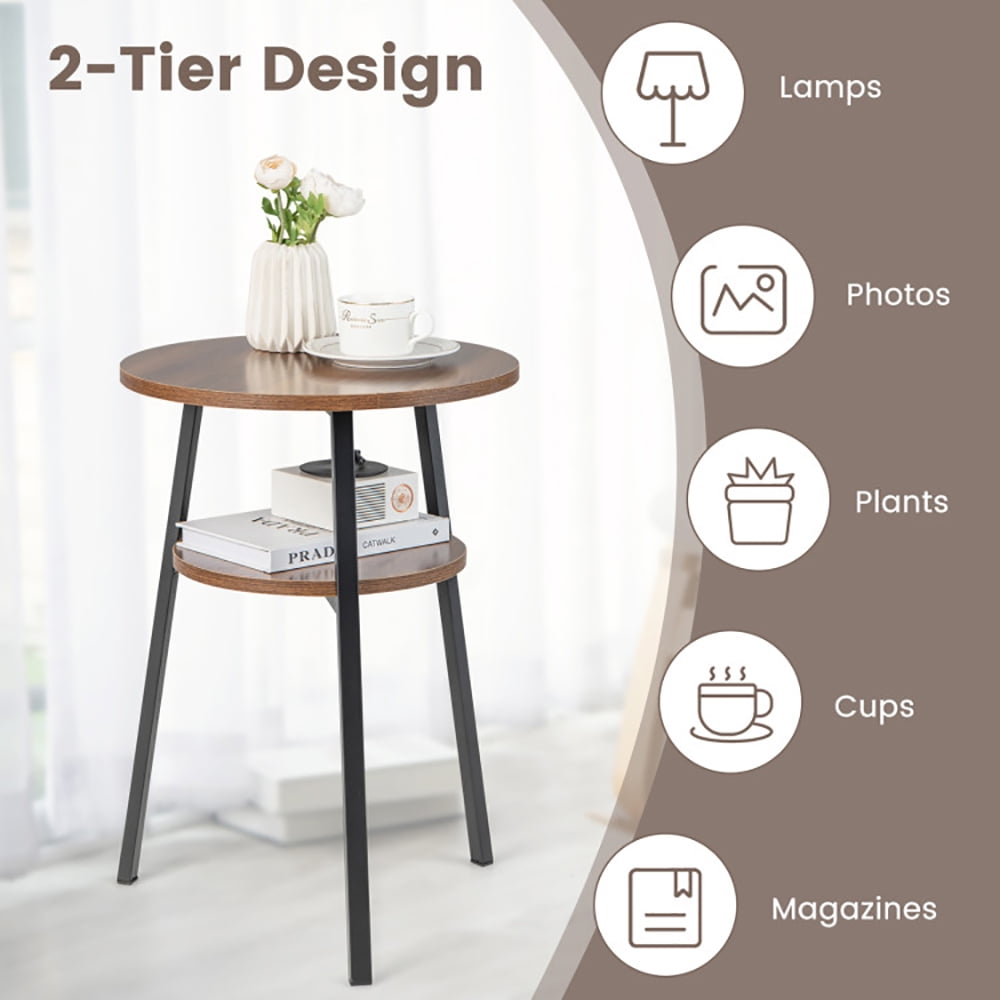 Finihen End Table, 2-Tier Round End Table with Open Shelf and Triangular Metal Frame, Sofa Side Table, Bed Side Table, for Living Room, Bedroom, Walnut Finihen End Table, 2-Tier Round End Table with Open Shelf and Triangular Metal Frame, Sofa Side Table, Bed Side Table, for Living Room, Bedroom, Walnut