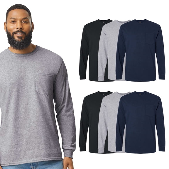 Gildan Men's Ultra Cotton Long Sleeve Pocket T-Shirt, T-Shirt Value Pack, Assorted Color, 6 Pack, S