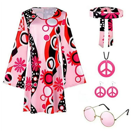 Bramtres Midi Dresses Hawaiian Dresses 70s 60s Hippie Skirt Headband Set 70s Costume Halloween Women Costume Girl Long Sleeve Dress Casual Dresses Womens Dresses Pink Dress 3XL