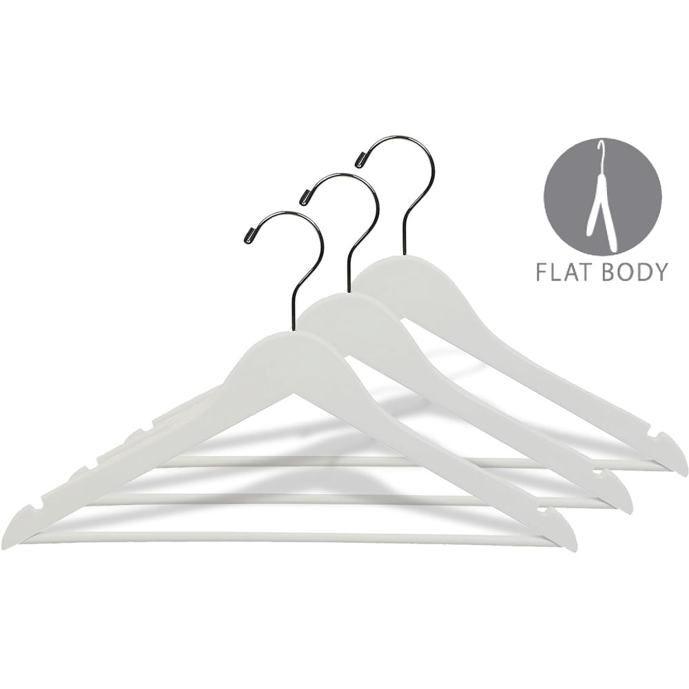 White Wood Suit Hanger w/ Solid Wood Bar, Box of 50 Space Saving 17 Inch Flat Wooden Hangers w/ Chrome Swivel Hook & Notches for Shirt Dress or Pants by International Hanger