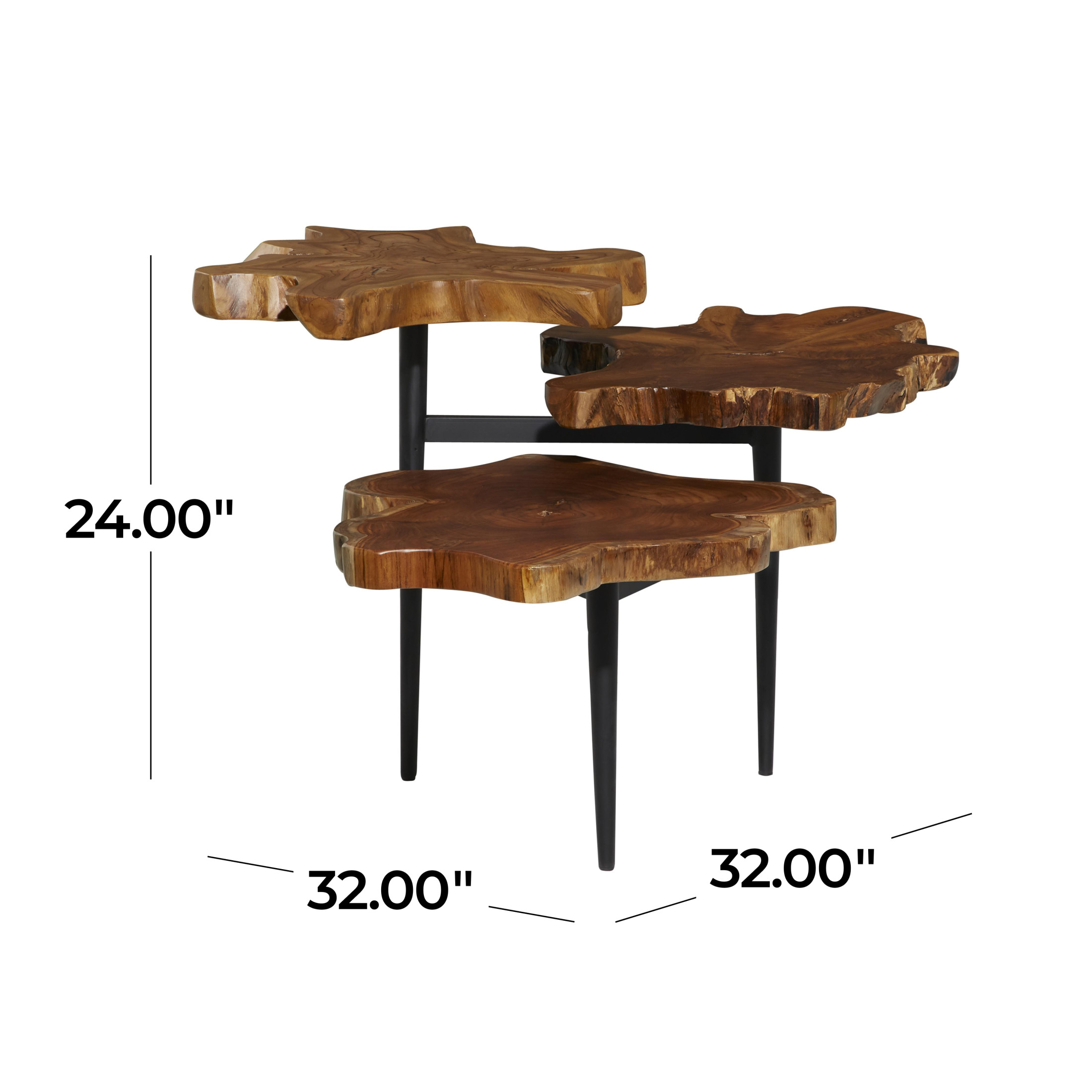 DecMode 32" x 24" Brown Teak Wood Handmade Live Edge 3 Tier Accent Table with Black Metal Base, 1-Piece