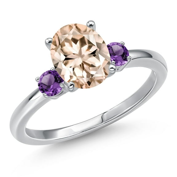 Gem Stone King 14K White Gold Peach Morganite and Purple Amethyst Engagement Ring for Women | 1.80 Cttw | Oval 9X7MM | Gemstone October Birthstone | Size 7