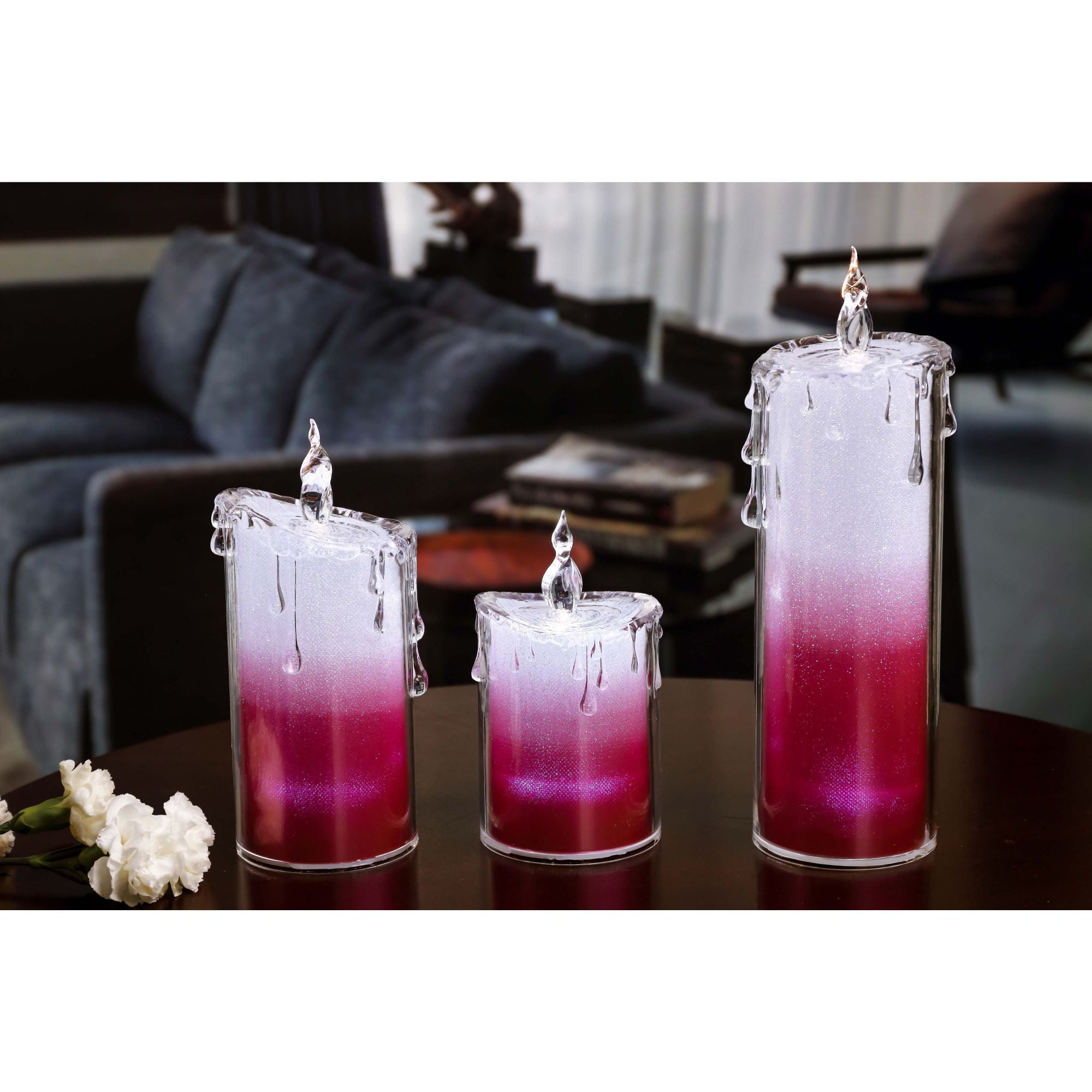 Set of 3 White and Red Glitter LED Lighted Candle 9.5"