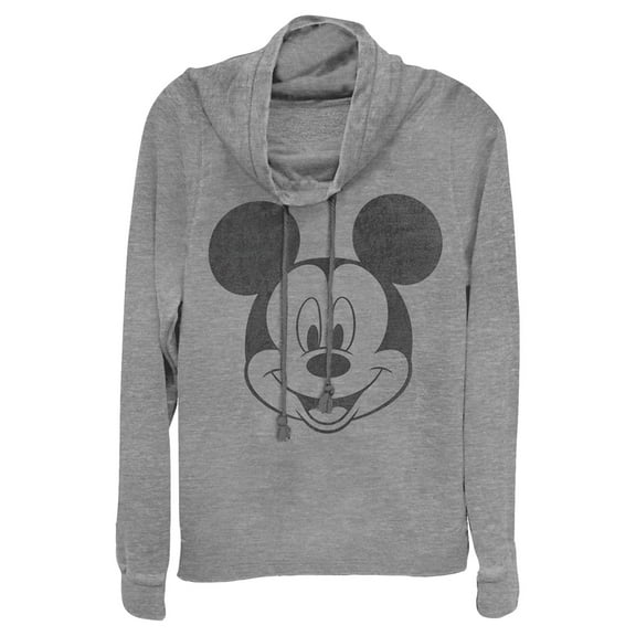 Junior's Mickey & Friends Smiling Mickey Mouse Distressed Cowl Neck Sweatshirt Gray Heather Medium