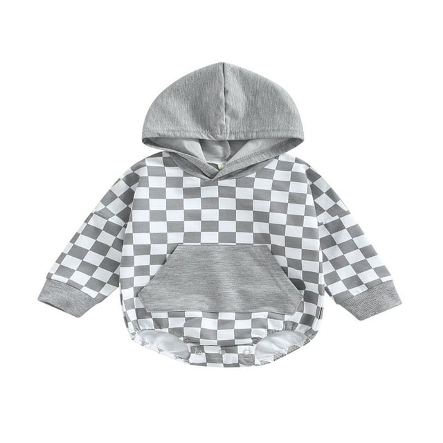 Barboteuse Bébé Fille Garçon à Carreaux Patchwork à Capuche Manches Longues/courtes avec Poches