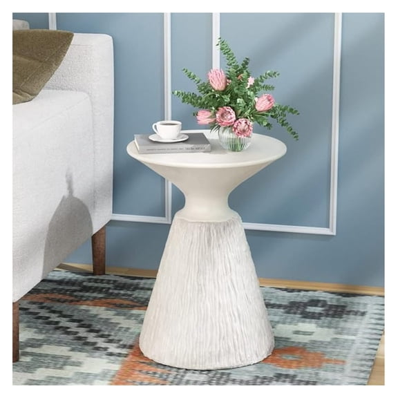 White Outdoor Side Table, Concrete Side Table, Mushroom Round Accent Table Plant Stand,Outside End Marble Garden Stool for Patio, Poolside, White