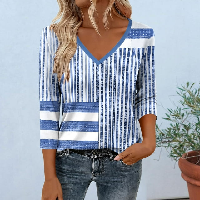 Xuyuer Womens Plus Size Fashion Non Positioning Printed Tops V Neck T Shirts 3/4 Sleeve Blouse Summer Casual Tees S-3X