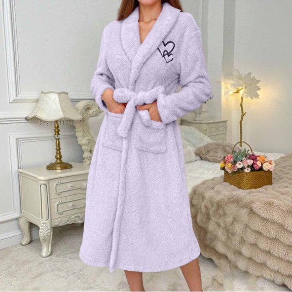 YMNXA Womens Fuzzy Bathrobe With Pocket Long Sleeve Lace Up Love Heart Embroidery Elegant Thickened Warm Homewear For Daily Wear Purple L