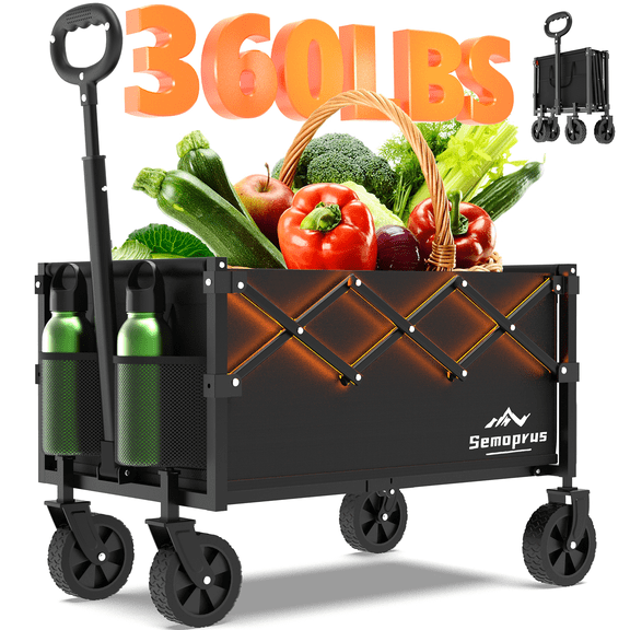 Semoprus Collapsible Wagon Carts with Wheels, Flexible Lightweight Wagons Carts Foldable, Portable Folding Grocery Cart for Shopping, Camping, Fishing, Garden, Sports, Beach, Black