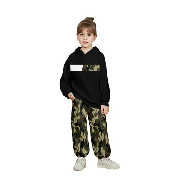 LIIPEE Boys Outfits Warm Camouflage Printed Long Sleeve Hooded Sweatshirt Loose Sport Pants Set Boy Handsome Holiday School Party Outfit,Black,9-10 Years