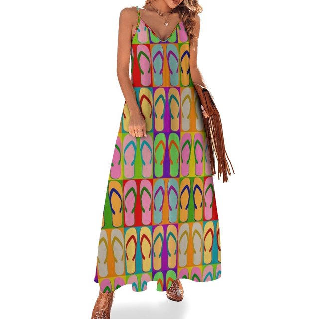 Sandalias con diseño de pop art de verano con estampado gráfico retro, sin mangas, para mujer, vestido de moda para fiesta nocturna