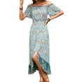 thumbnail image 3 of Xuanfei Women Floral Print Off Shoulder Short Sleeve Elastic Waist Split Maxi Dress, 3 of 6