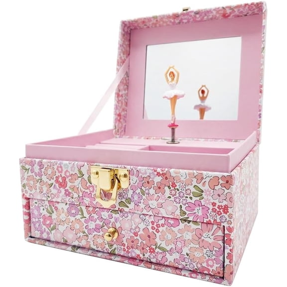 Floral Musical Jewelry Box, Vintage Jewelry Organizer Case with Spinning Ballerina and Mirror, Keepsake Storage Gift for Women and Teens