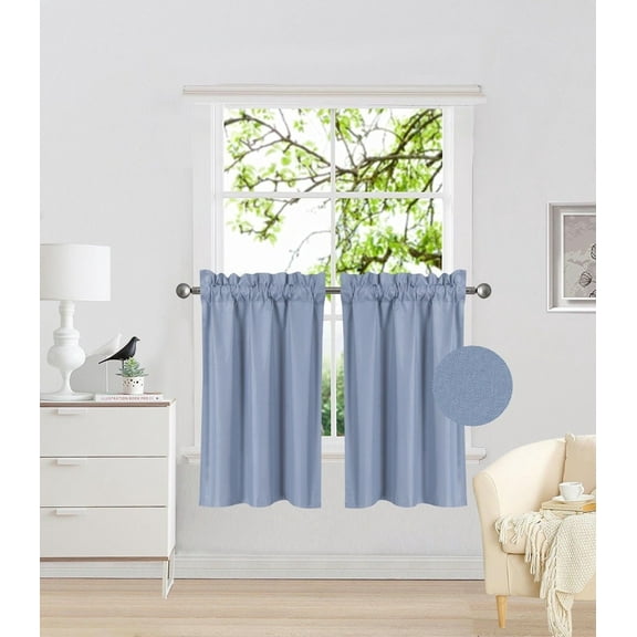 RS5 1-Set Slate Blue Rod Pocket Silky Window Curtain Lined Blackout, Two (2) Panels 30"X 36" Each