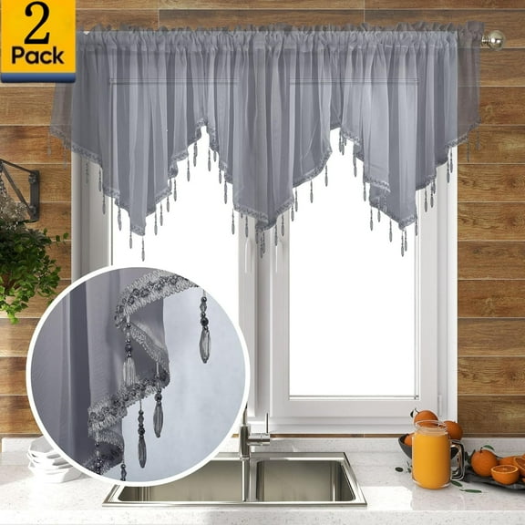 Moqsnm 2 Piece Beaded Triangle Sheer Valance Curtains for Windows Kitchen Living Room Bathroom Bedroom Voile Sheer Rod Pocket Short Window Valance Curtains (Grey,51"x24")