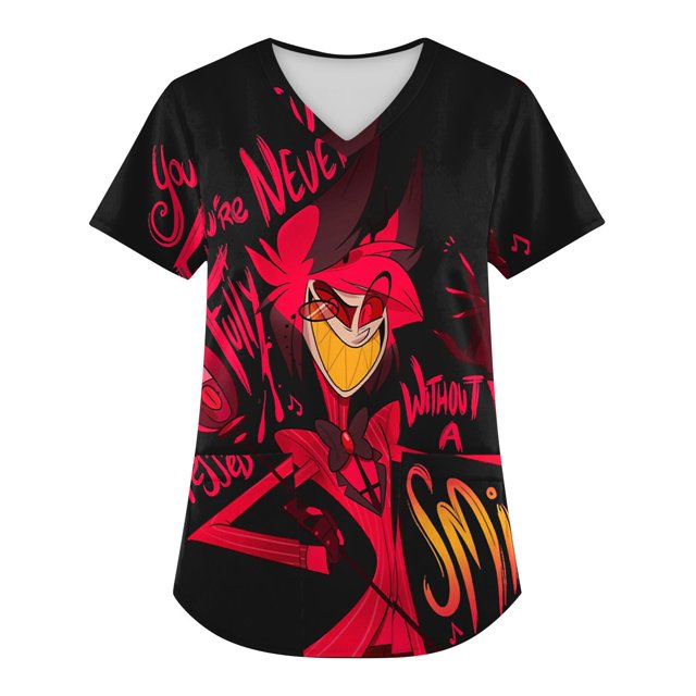 Hazbin Hotel Más Tamaño Impreso Scrub Uniforme de Trabajo Tops Para las mujeres V-cuello de Navidad Imprimir Manga Corta Diversión Camisetas Ropa de trabajo Camiseta con bolsillos Rosa/L