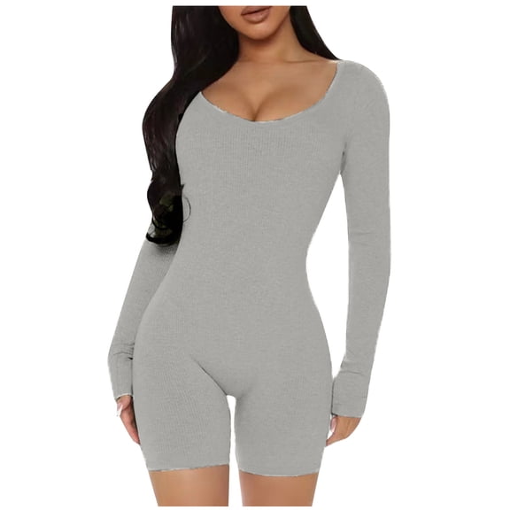 Edvintorg Bodycon Rompers for Women Long Sleeve Fashion Women's Threaded Low Neck Hip-Lifting Slim Jumpsuit Shorts