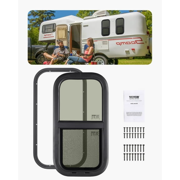 VEVOR Vertical RV Window, 12" W x 24" H Tinted Sliding RV Window with Net Screen & Trim Ring, Fit 15/16" - 1 3/4" Thickness Wall,RV Window Replacement for Teardrop Cargo Trailer Camper,DOT Approved