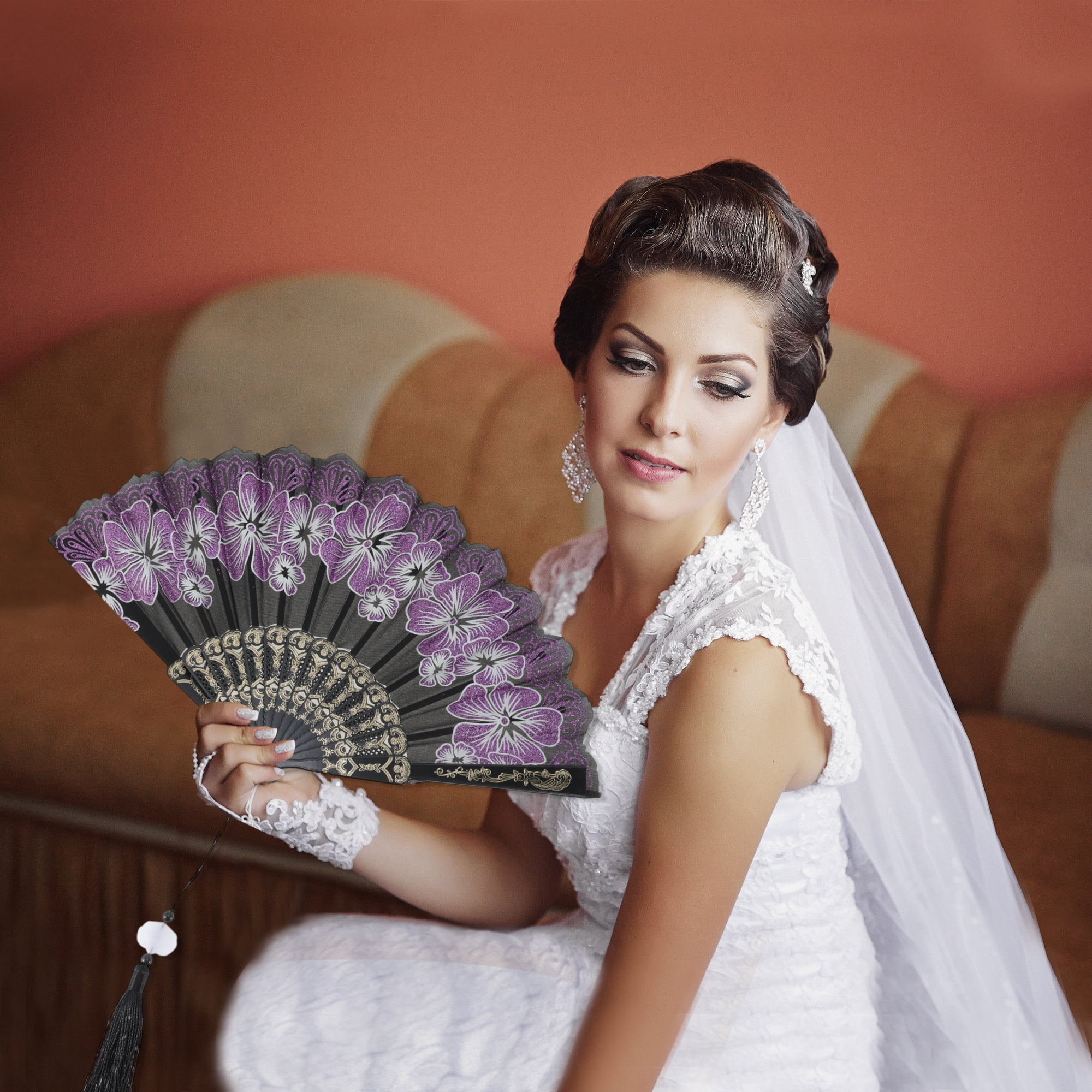 Unique Bargains Rose Lace with Tassel Folding Fan for Weddings and Parties 1 Pc Violet