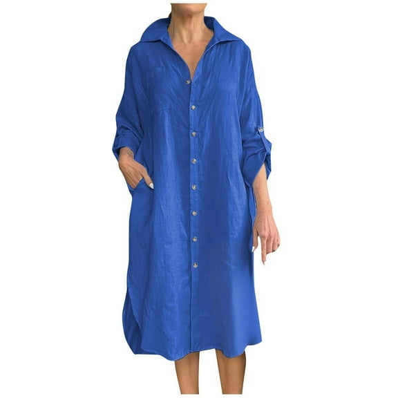 QUNYINEY Linen Women Dresses Button Down Blue Long Sleeve Midi Dresses Loose Fit Collared with Pockets Shirt Dress
