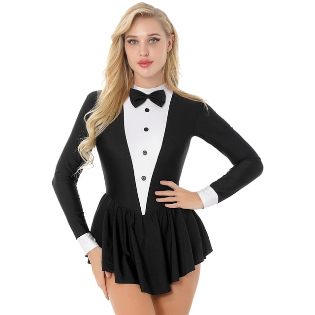 Oyolan Women's Mock Neck Tuxedo Bowknot Button Leotard Contrast Color Ruffle Dress Black XXL