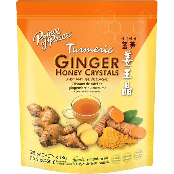 Prince of Peace Instant Ginger Tea Honey Crystals w/ Turmeric, 25 Sachets – Instant Hot Tea or Cold Tea Beverage – Easy to Brew