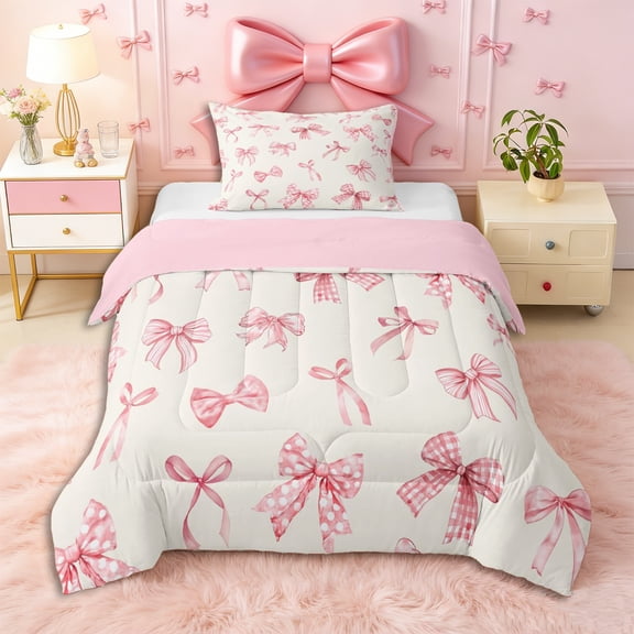 Erosebridal Cute Ribbon Bow Twin Comforter Sets 3-Piece for Children,Kawaii Plaid Bowtie Bedding Set for Teens Girls,Pink Reversible,Lightweight Room Decor