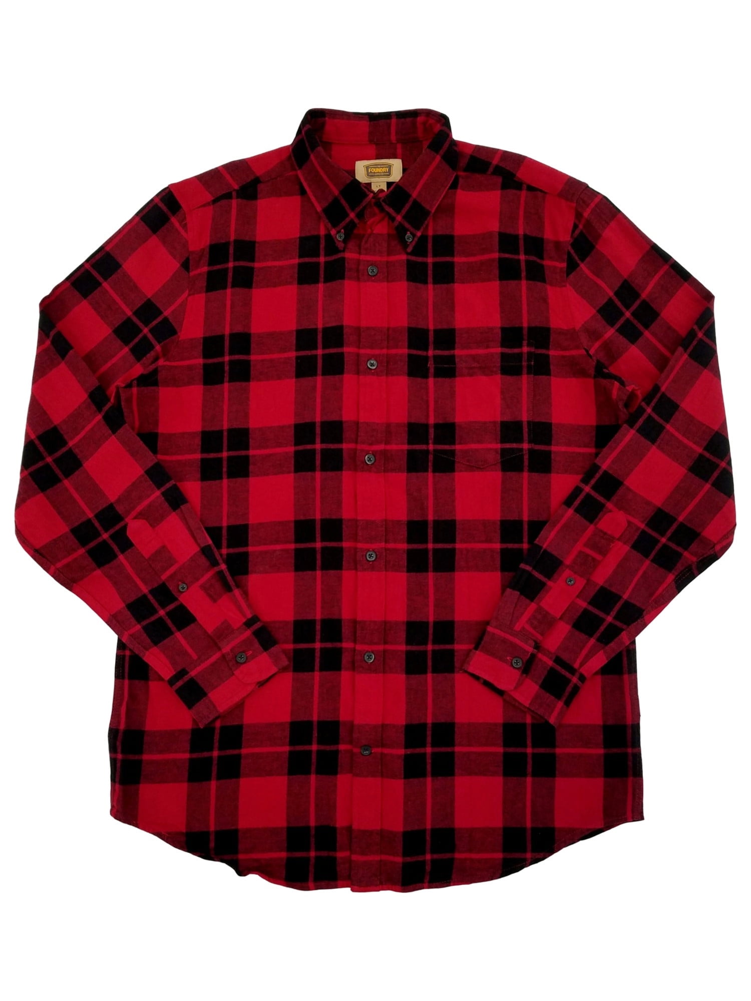 The Foundry Mens Red & Black Plaid Long Sleeve Button-Down Flannel Shirt -