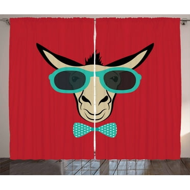 Donkey Curtains 2 Panels Set, Flat Design Image of a Donkey Wearing Sunglasses and a Bowtie Hipster Fashion Style, Window Drapes for Living Room Bedroom, 108W X 63L Inches, Multicolor, by Ambesonne