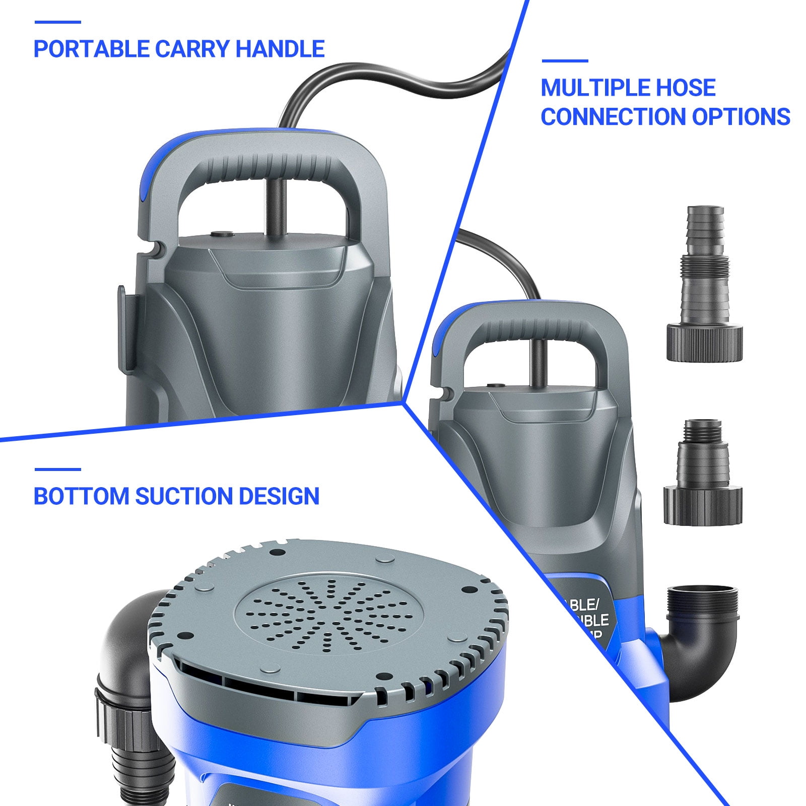 Sump Pump Submersible Water Pump 1.1HP 4700GPH Portable Water Transfer Pump Electric for Pool Draining Hot Tub Basement Utility Pumps Blue