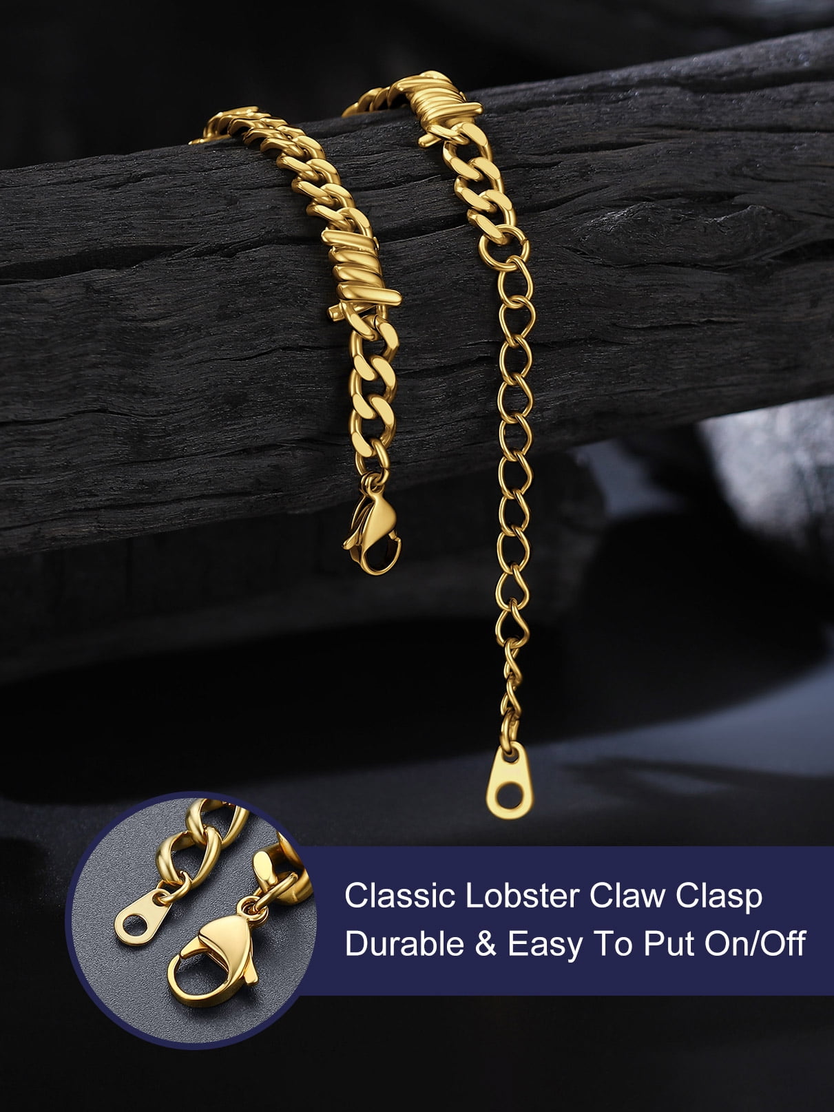 Bandmax 5MM Thorns Cuban Link Chain Bracelet for Men Dad Son Father's Day Graduation Gift Stainless Steel 14K Gold Plated Curb Chain Bracelet for Women Punk Jewelry