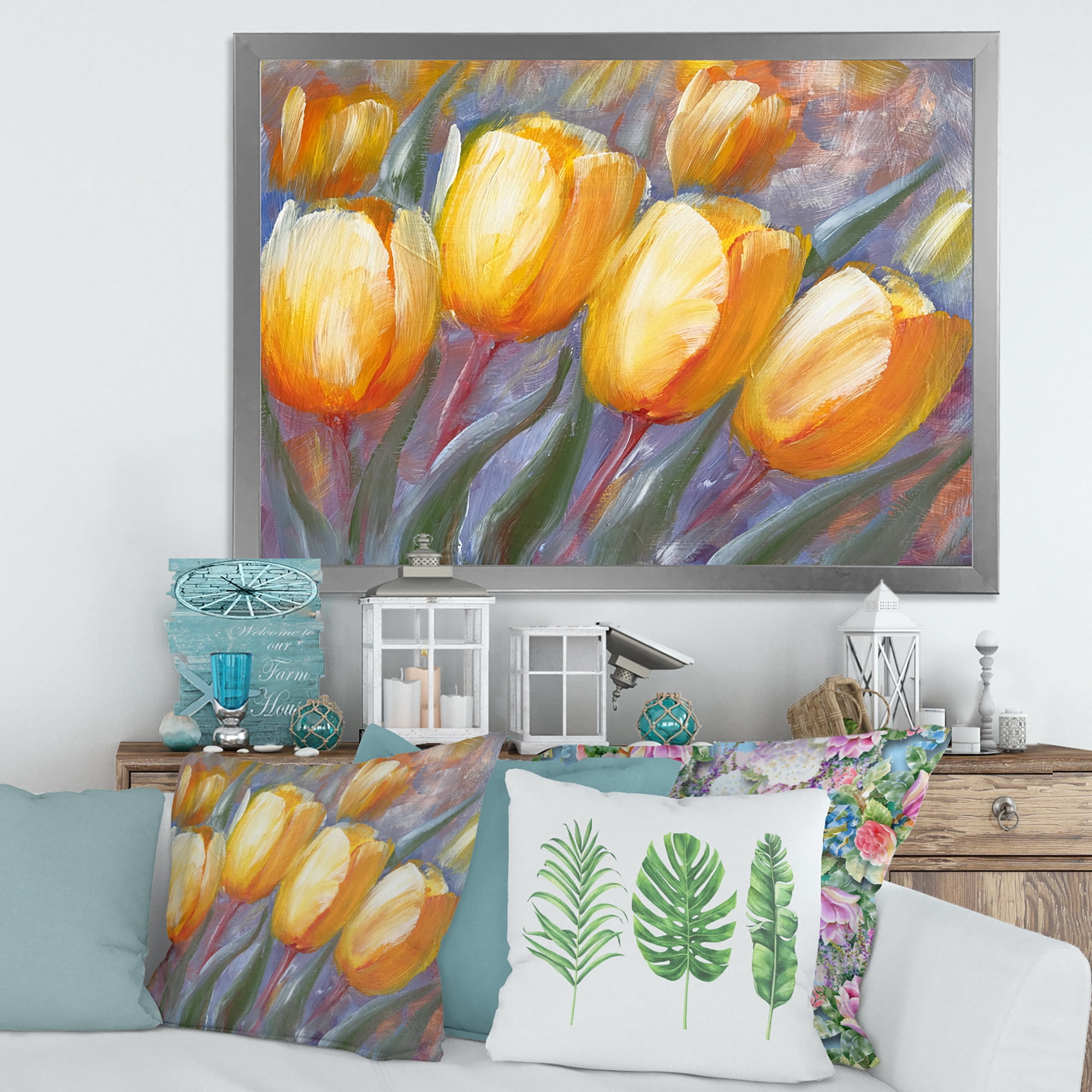 Designart 'Abstract Yellow Blooming Tulips' Traditional Framed Art Print