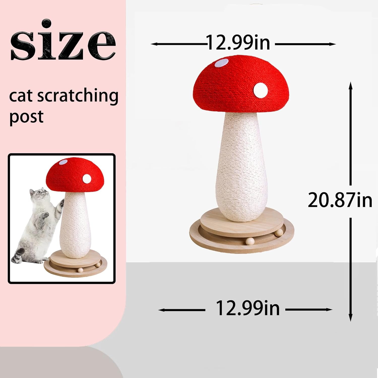 Mushroom Cat Scratching Post for Indoor Cats, Cute Scratching Post with Durable Solid Wood Spinner Toy, Mushroom-Shaped Cat Toy and Sisal Scratching Post to Protect Your Furniture