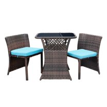3Pc Wicker Chair And Table Bistro Set Brown With Turquoise Cushion