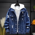 thumbnail image 2 of Men Denim Jacket Ripped Button Closure Solid Color Streetwear Spring Autumn Outerwear Loose Holes Jeans Coat for School, 2 of 7