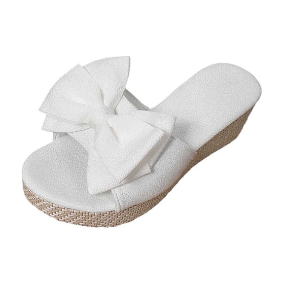 KEGIRLOM Women's Fashionable Casual Beach Outerwear Versatile Solid Color Bow Round Toe Wedge Sandals White 7.5