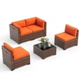 thumbnail image 4 of Poteban 5 Pieces Outdoor Sectional Sofa Set , PE Wicker Rattan Slanted Back Outdoor Conversation with Cushions and Glass Coffee Table for Backyard Garden, Orange, 4 of 11