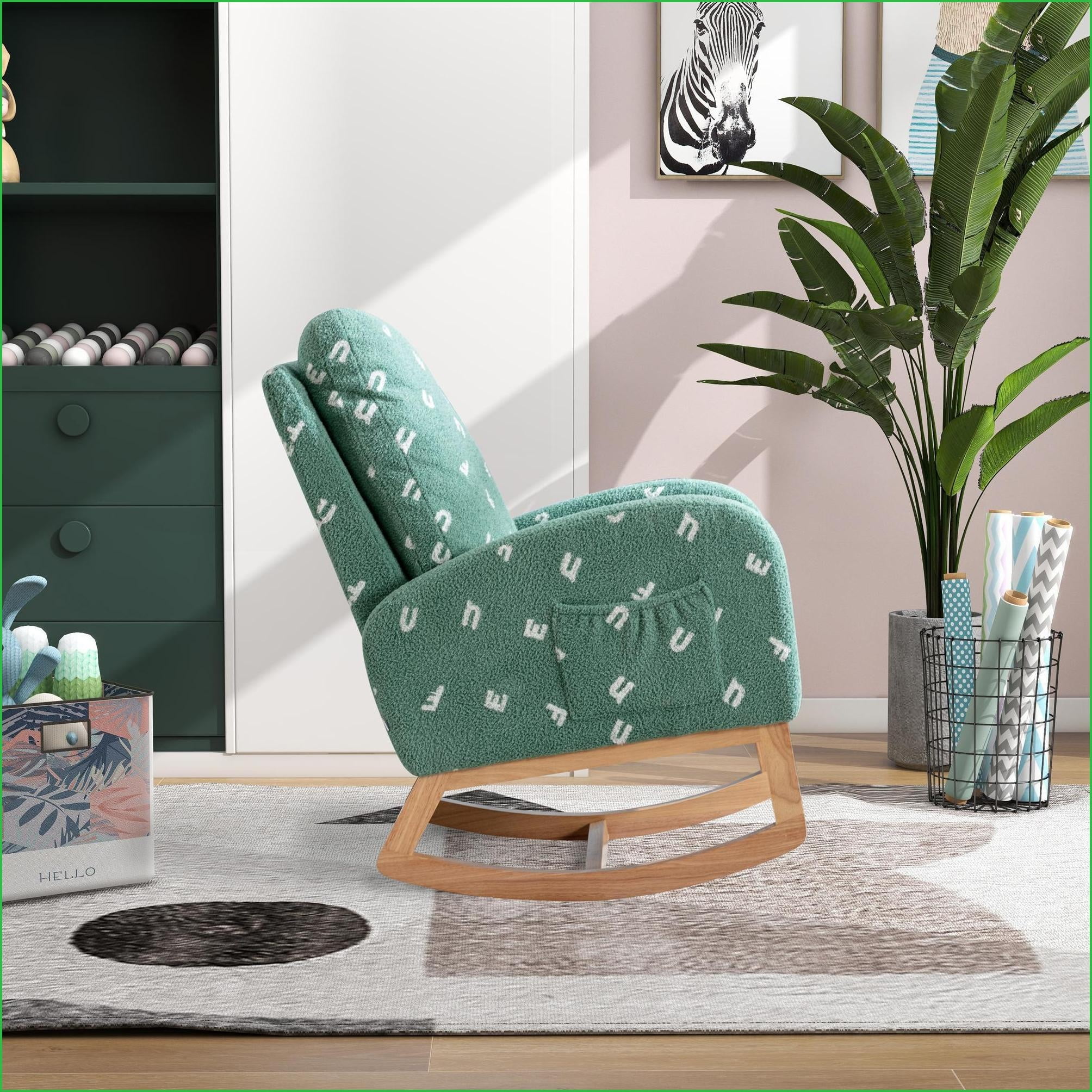 Rocking Chair for Nursery, 26.8"W Mid-Century Green Boucle Accent Rocker with Side Pocket | Boucle | Foam