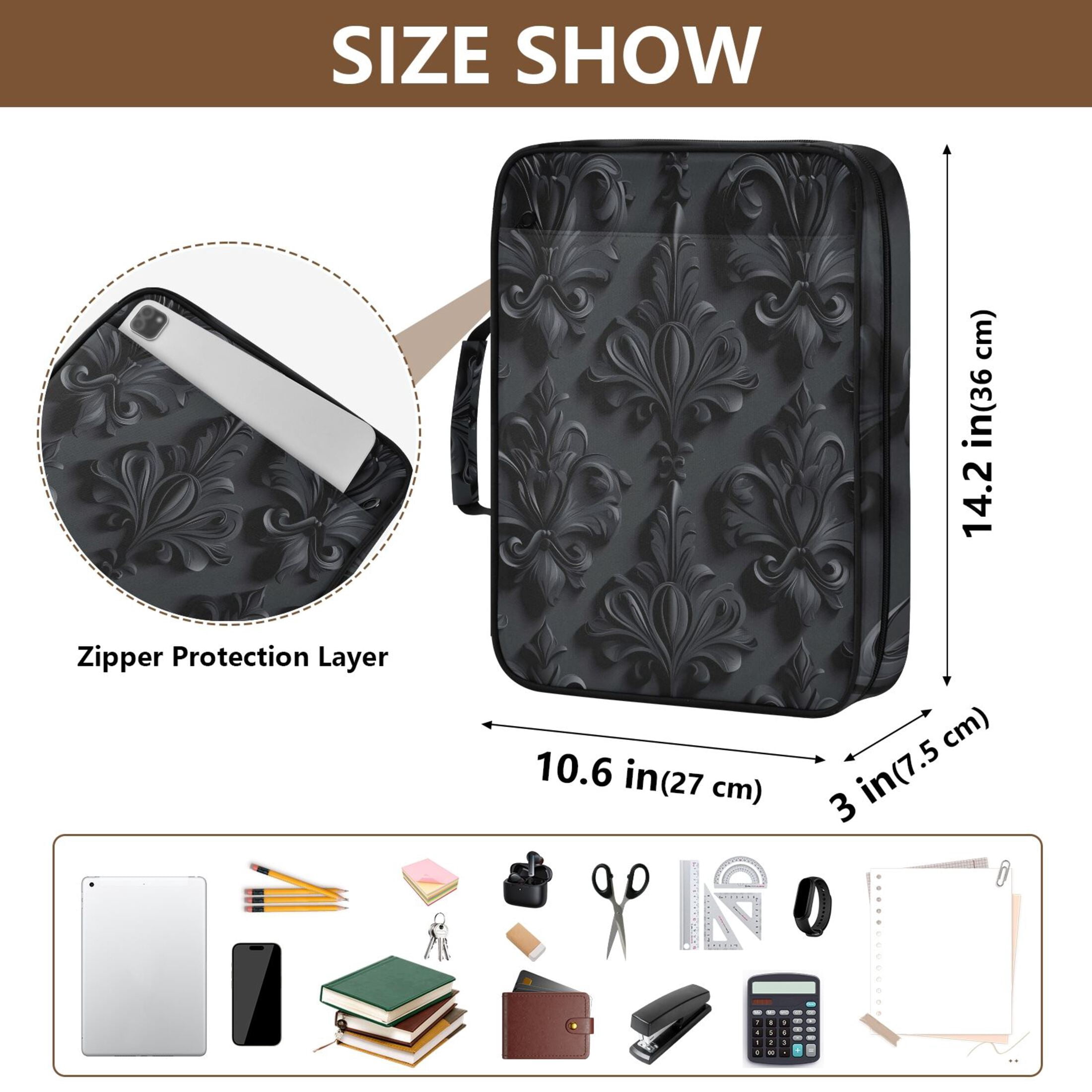 Haosy Accordion File Organizer Zipper Binder 500 Sheet 6-Tab Expanding File Folder Multi-Pocket 1.2 Inch 3 Ring 3d Dark Black Damask