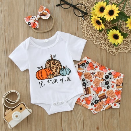 

BTJX Kids Toddler Baby Girls Autumn Pumpkin Print Cotton Short Sleeve Short Pants Romper Tops Shorts Set Outfits Clothes