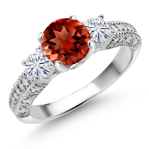 Gem Stone King 925 Sterling Silver Red Garnet and White Moissanite Engagement Ring for Women (2.04 Cttw, Gemstone January Birthstone, Round 7MM and 4MM, Size 6)