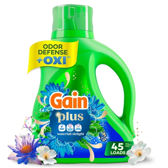 Gain Plus Laundry Detergent Liquid, Now with Odor Defense   OXI, Waterfall Delight Scent, 60 fl oz, 45 Loads
