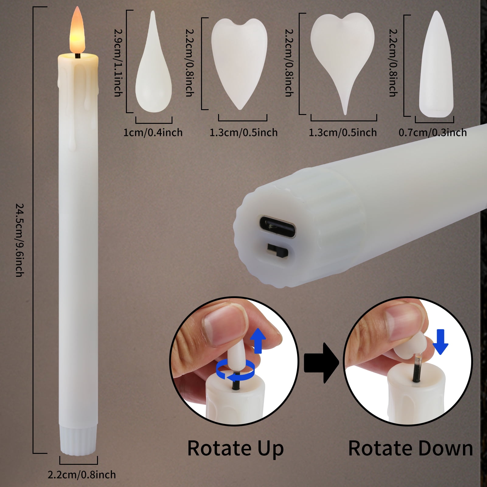 Rechargeable Flameless Taper Candles, 6 Pcs Real Wax LED Taper Candles Flickering with Remote&Timer, 4 Replaceable 3D Flame candle Heads for Home Wedding Christmas Decor (White)