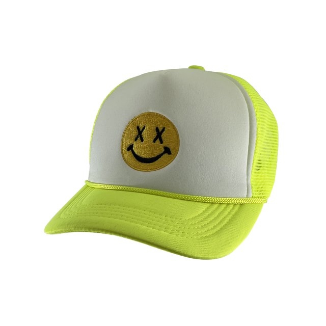 Gravity Threads Smile Face Embroidery Adjustable Trucker Hat - Cross Eye - White/Neon Yellow