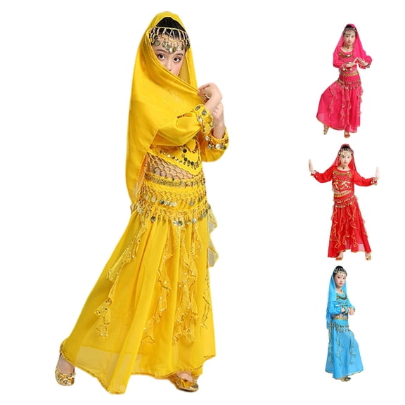 CUZIBR Toddler Girls Dance Performance Outfit Sets Belly Dance Kids Ethnic Dance Dress Stage For Children Clothes Sets,Yellow,4-6 Years