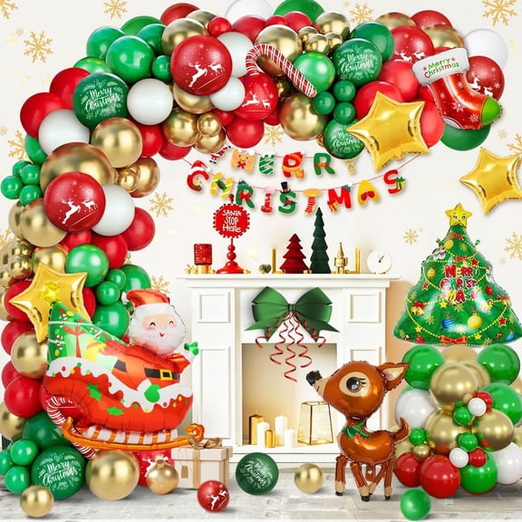 Christmas Balloon Garland, Christmas Balloon Arch with Red Green White Gold Merry Christmas Balloons Xmas Candy Cane Santa Elk Mylar Foil Balloons, Christmas Party Decorations