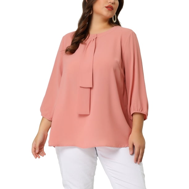 Women's Plus Size Work Round Neck Ruffle Chiffon Blouse Top Pink 2X