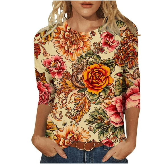 CYMMPU Spring Tops Crew Neck Floral Pattern 3/4 Sleeve Tunic Tops Fall Trendy Shirts Blouses for Women Dressy Casual Loose Fit Lightweight Basic Tees Multicolor XL