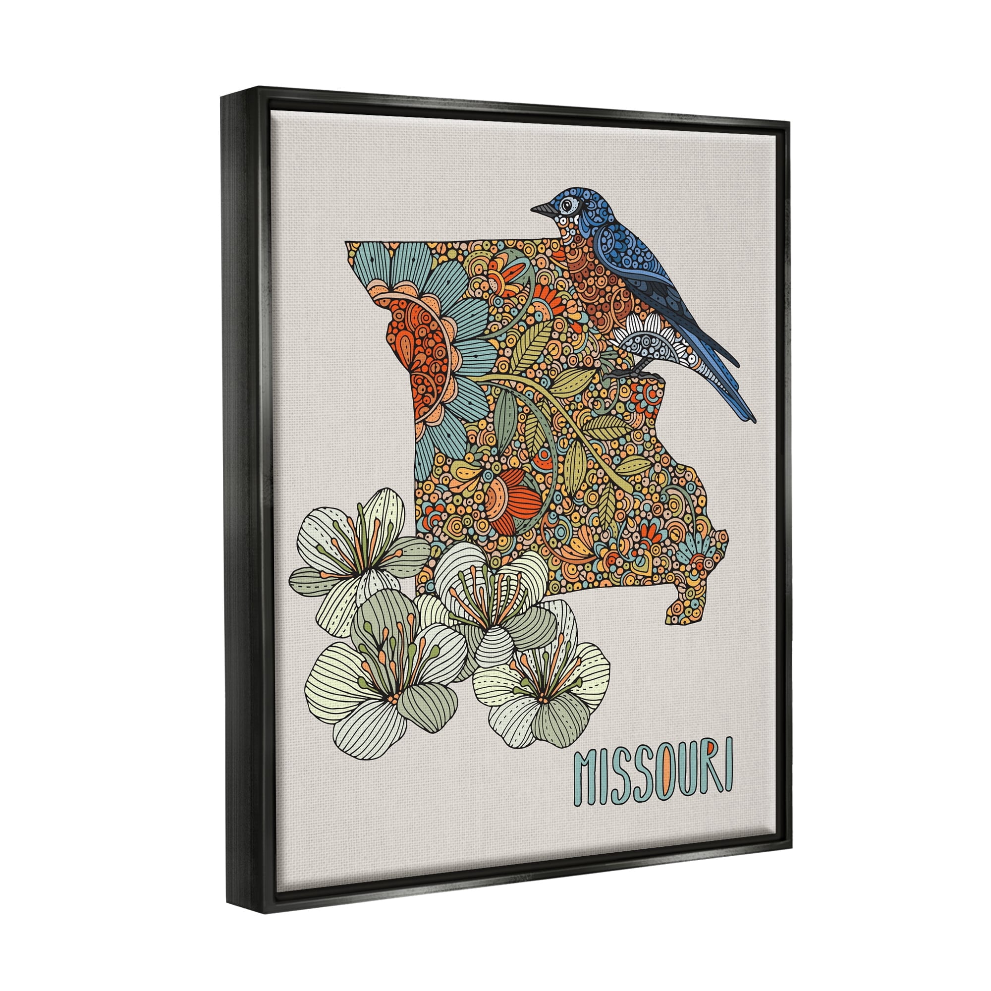 Stupell Industries Missouri Bluebird State Flower Blossoms Intricate Patterns Graphic Art Jet Black Floating Framed Canvas Print Wall Art, Design by Valentina Harper