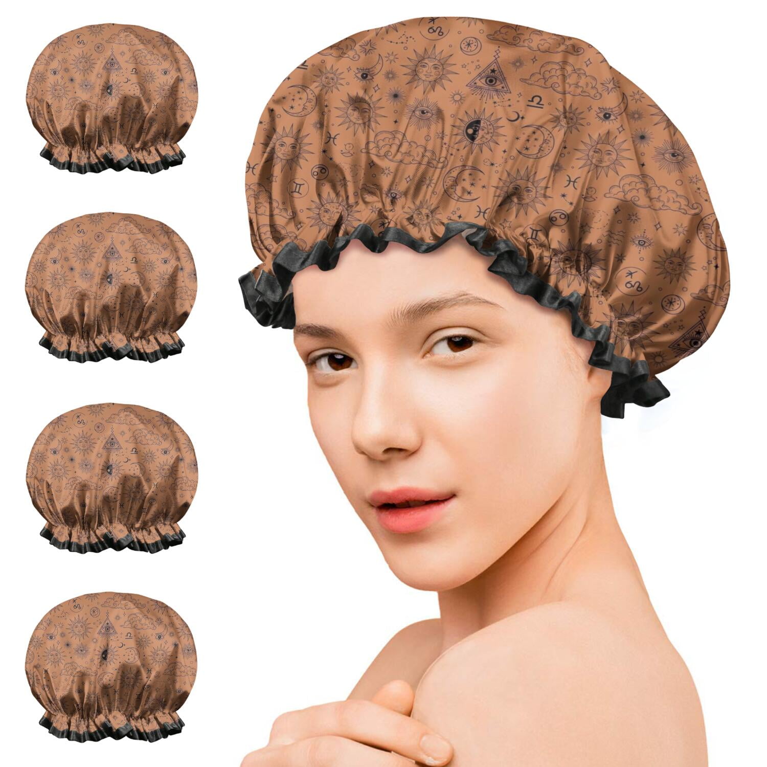 Shower Caps,Orange Occult Pattern Waterproof Shower Cap for Women 4 Pieces,Double Reusable Hair Cover for Shower PEVA Elastic Stretch Hem